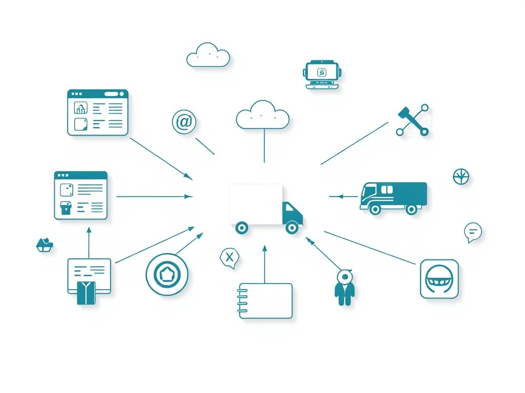 Conceptuele dropshipping ecosystem illustratie met abstracte UI elementen en verzendpictogrammen in diep teal en blauw.