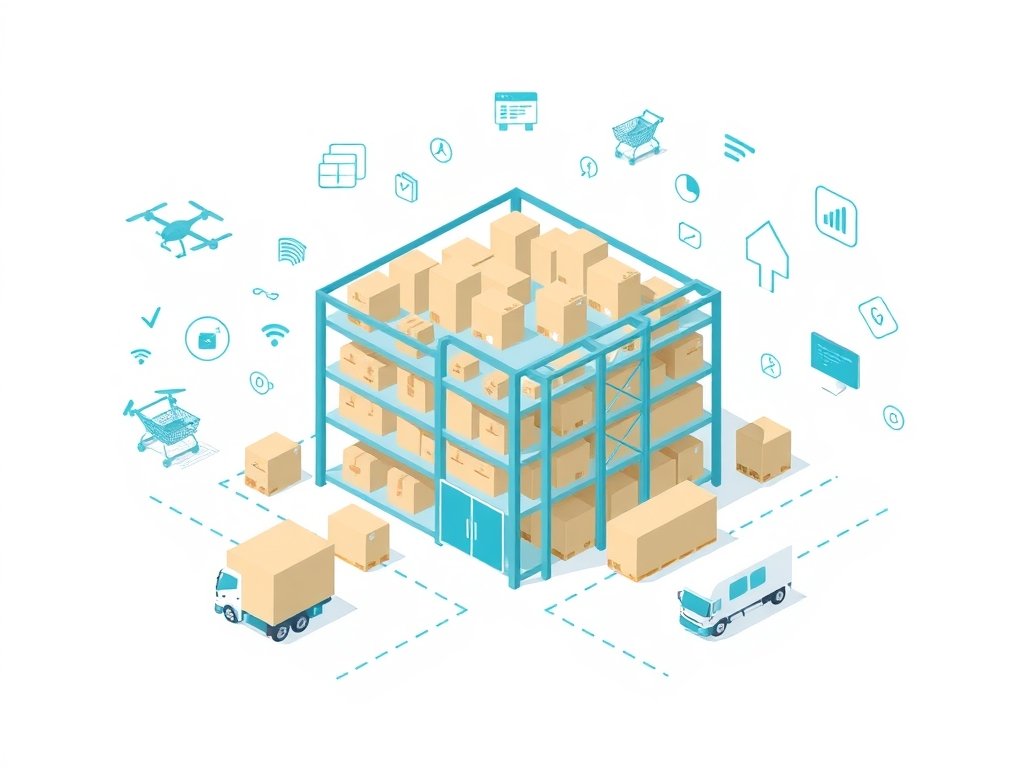 Abstract digital warehouse met pakketten en drones in flat-style illustratie voor dropshipping.