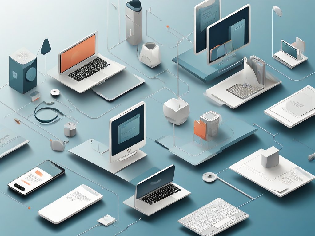 Minimalistische tech illustratie van een dropshipping systeem met schermen, pakket- en winkelwageniconen in diepe teal en grijze tinten.