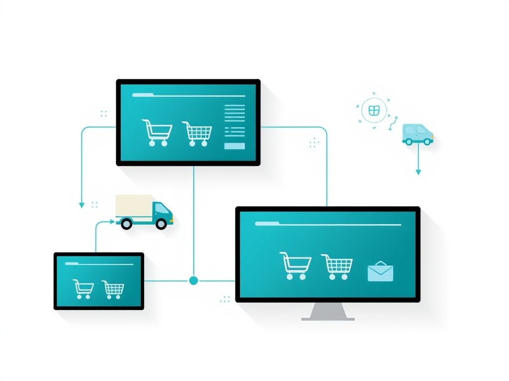 Flat vector illustratie van een digitale orderworkflow met symbolische iconen van winkelwagens, pakketten en bezorging voor dropshipping fulfilment.