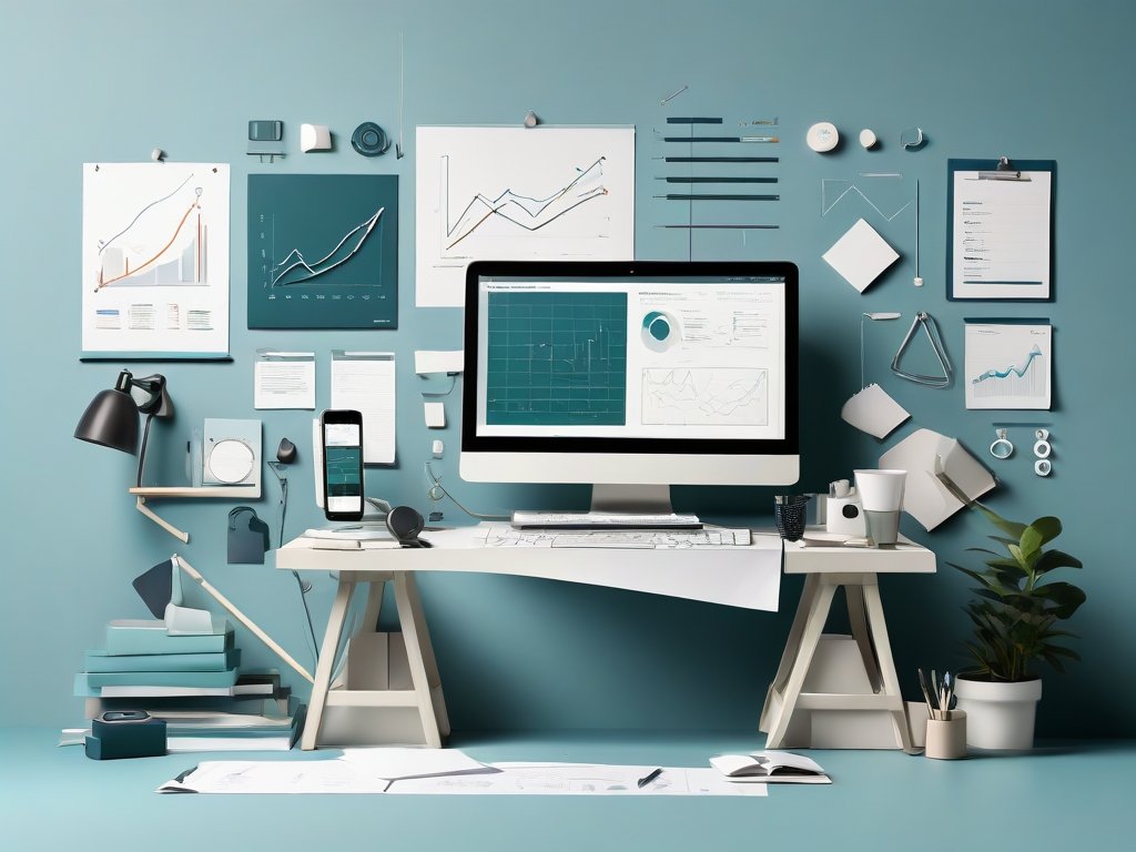 Minimalistische werkplek met schermen en digitale boekhoudkundige iconen in dropshipping stijl.