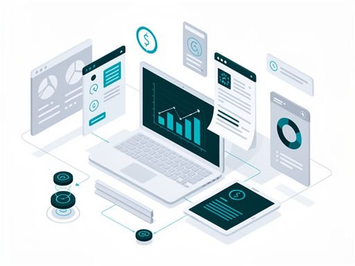Minimalistisch werkplek met digitale schermen en financiële iconen in diep teal voor dropshipper boekhouding.