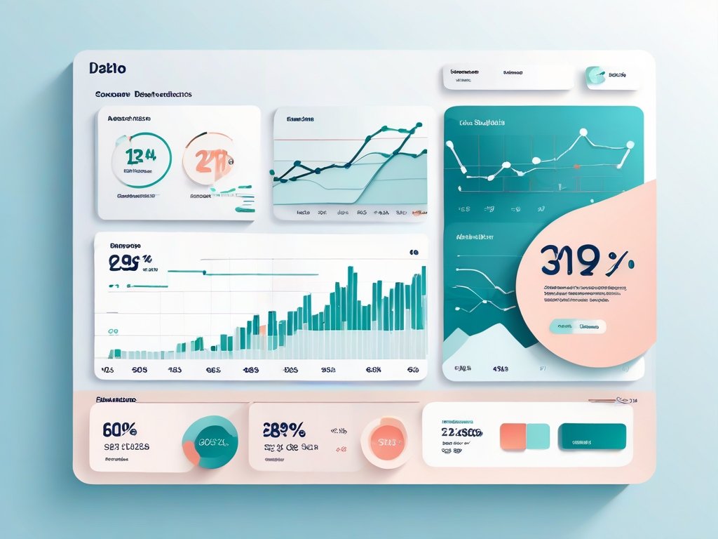 Vlakke vectorillustratie van een digitale marktplaats met productkaarten en grafieken in diep teal en zachte blauwtinten.