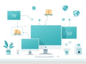 Abstract dropshipping concept met schermen, pakketjes en wereldwijde netwerkiconen in flat-style tech illustratie.