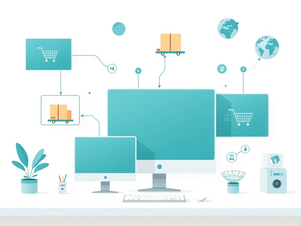 Abstract dropshipping concept met schermen, pakketjes en wereldwijde netwerkiconen in flat-style tech illustratie.