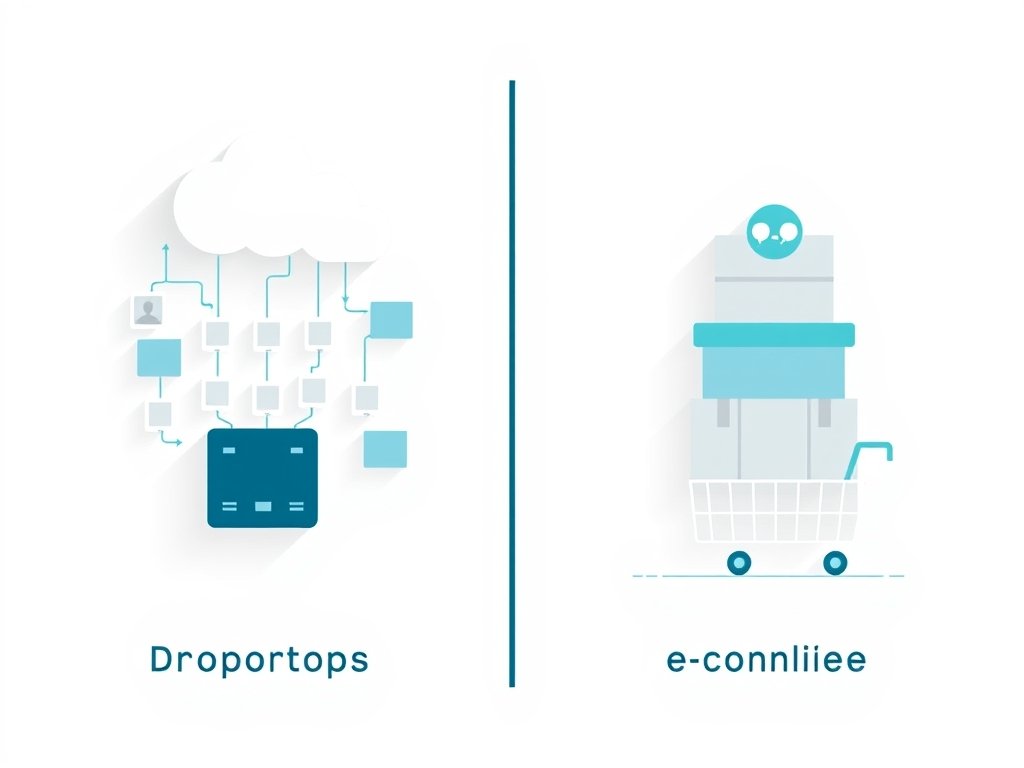 Conceptuele tech illustratie met symbolische elementen rond dropshipping en e-commerce systemen.