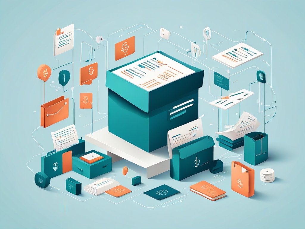 Abstracte vectorillustratie van documenten, pakketten en netwerklijnen over dropshipping en belastingzaken.