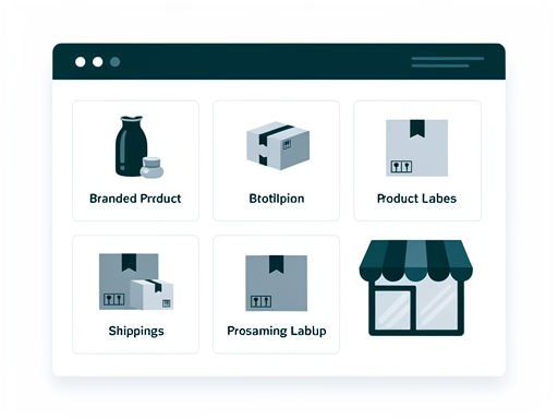 Rustige vectorillustratie van een digitaal dashboard met branded dropshipping concepten in diep teal en zachte kleuren.