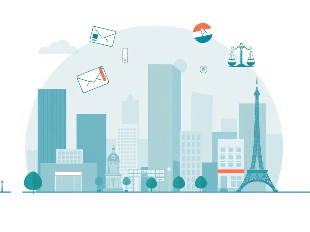 Minimalistische illustratie van Nederlandse stad met abstracte e-commerce en juridische symbolen rondom dropshipping.