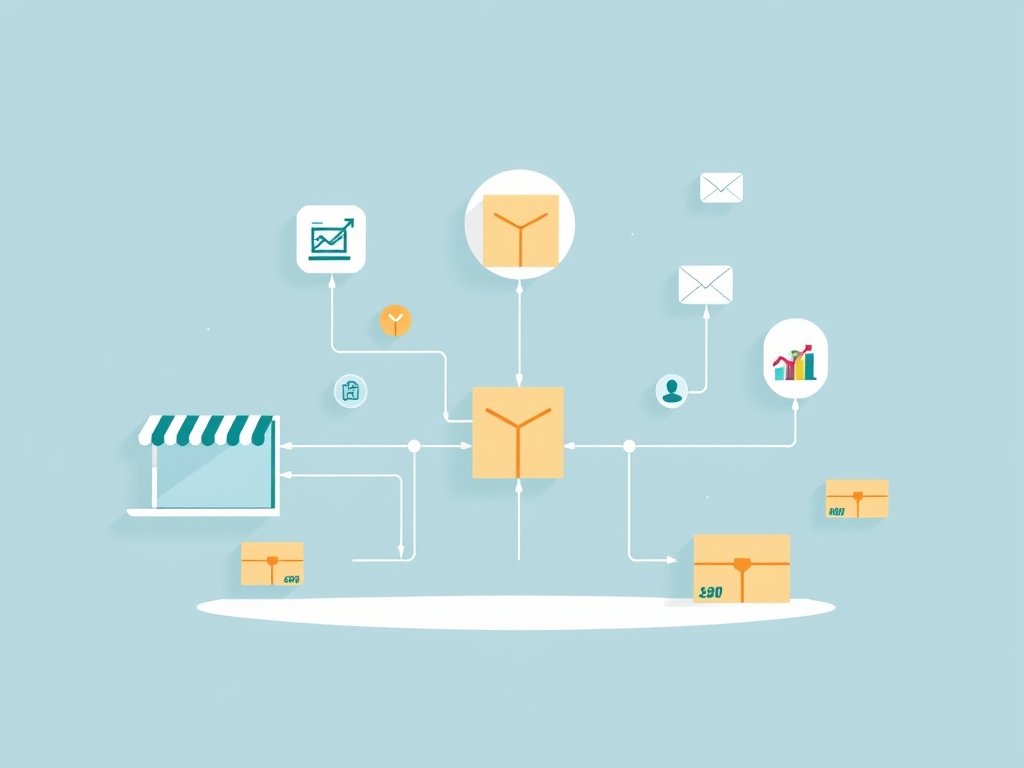 Vectorillustratie van een abstracte e-commerce omgeving met digitale winkels en pakjes in dropshipping stijl.