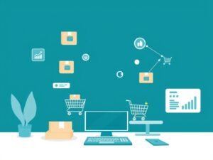 Minimalistische tech-illustratie van e-commerce symbolen en supply chain-concepten in diep teal en zachte blauwgrijstinten.
