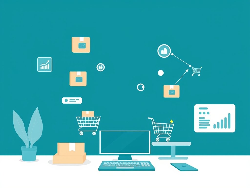 Minimalistische tech-illustratie van e-commerce symbolen en supply chain-concepten in diep teal en zachte blauwgrijstinten.