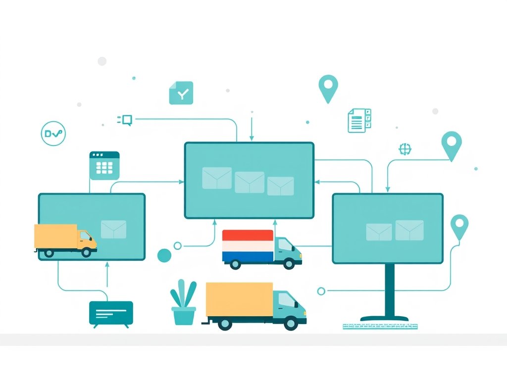 Abstract workspace met schermen, pakket- en verzendiconen in een flat-style dropshipping concept.