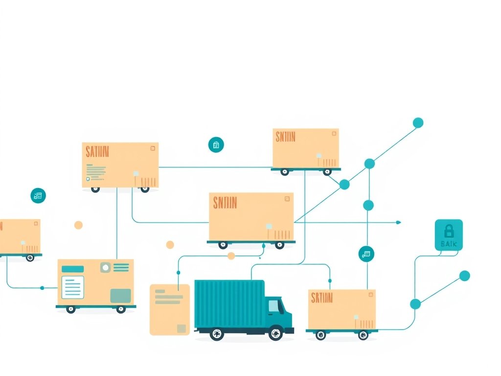 Abstracte vectorillustratie van verbonden supply chain elementen voor dropshipping webshop.