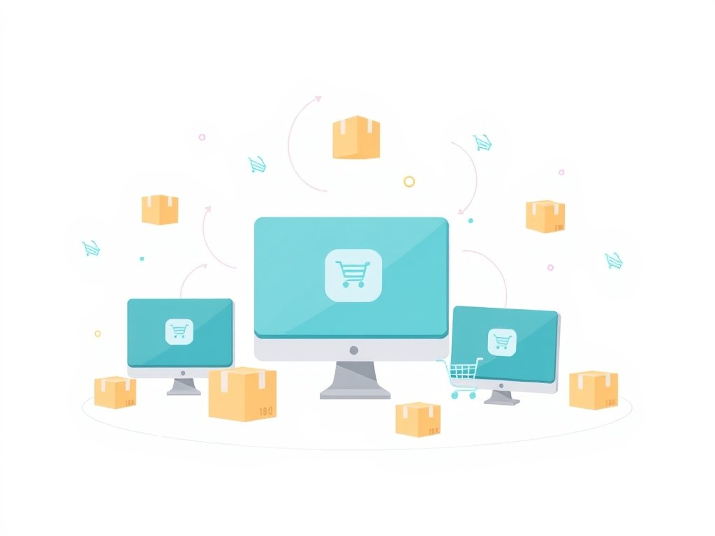 Abstract digitale markt met schermen, pakketten en winkelwagens in een minimalistische stijl passend bij dropshipping.