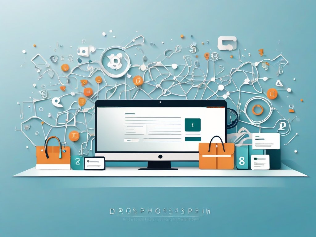Abstracte digitale schermen en logistieke iconen verbonden door lijnen in een flat-style tech illustratie.