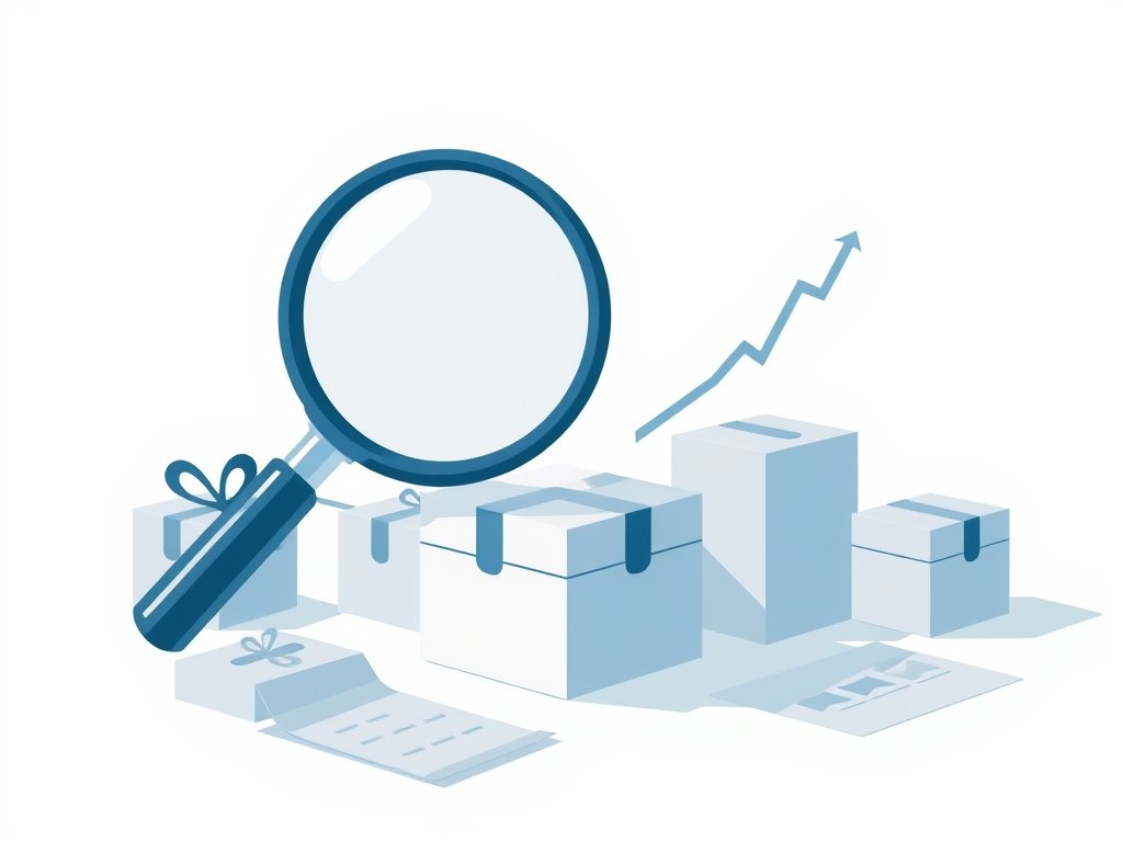 Vlakke technische illustratie met vergrootglazen en productdozen die het vinden van dropshipping producten voorstellen.