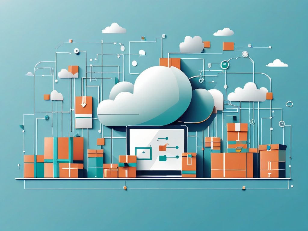 Geabstraheerde digitale winkels en verzenddozen verbonden met een centraal cloudserver-icoon in een minimalistisch tech ontwerp.