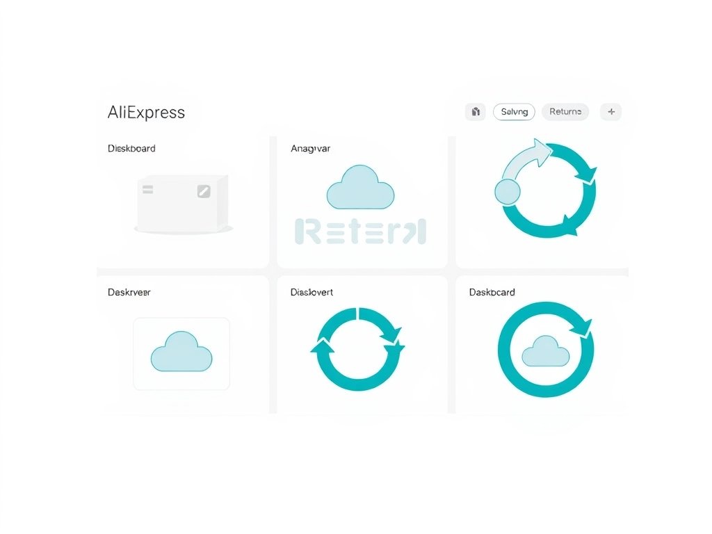 Minimalistische vectorillustratie van een conceptuele dashboard met pakketten en retourcycli in diepe teal en zachte blauwtinten.