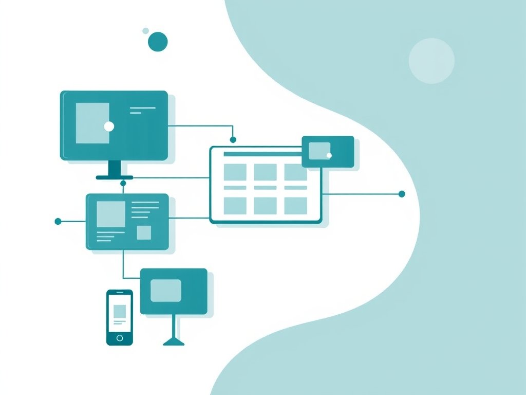 Minimalistische illustratie van abstracte digitale markt met schermen en UI-panelen in diepe teal en blauwtinten.