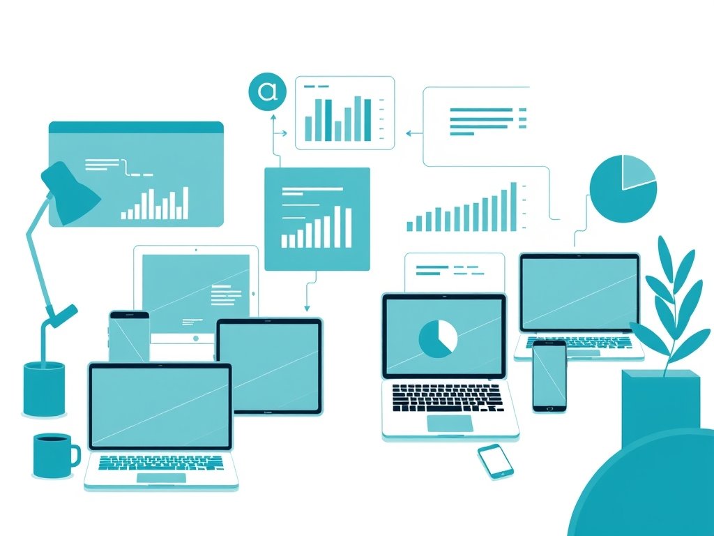 Minimalistische flat-style illustratie van digitale apparaten en abstracte marktanalysesymbolen in een rustige werkruimte.