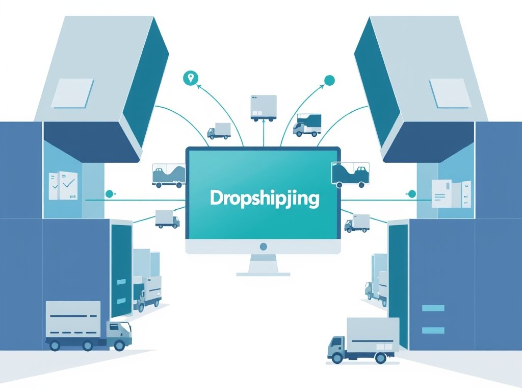 Minimalistische vectorillustratie van digitale dropshipping logistiek met pakketten en transporticonen in diepe teal en zachte blauwgrijze tinten.
