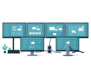 Minimalistische werkplek met monitoren en symbolische e-commerce iconen in een flat-style techniek illustratie.