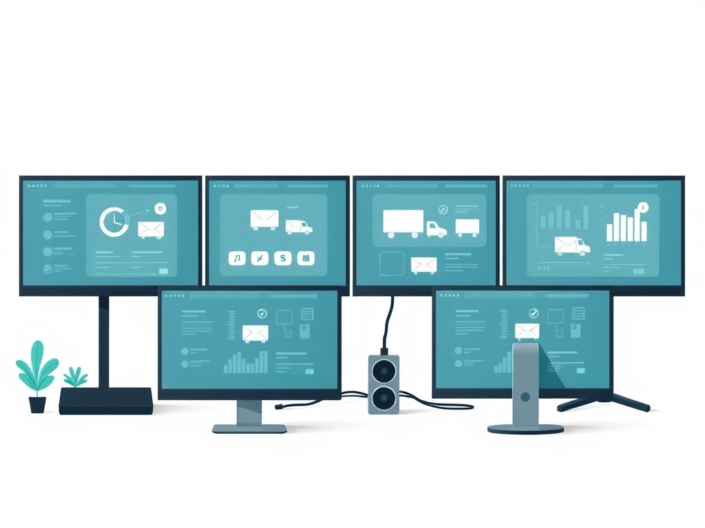 Minimalistische werkplek met monitoren en symbolische e-commerce iconen in een flat-style techniek illustratie.