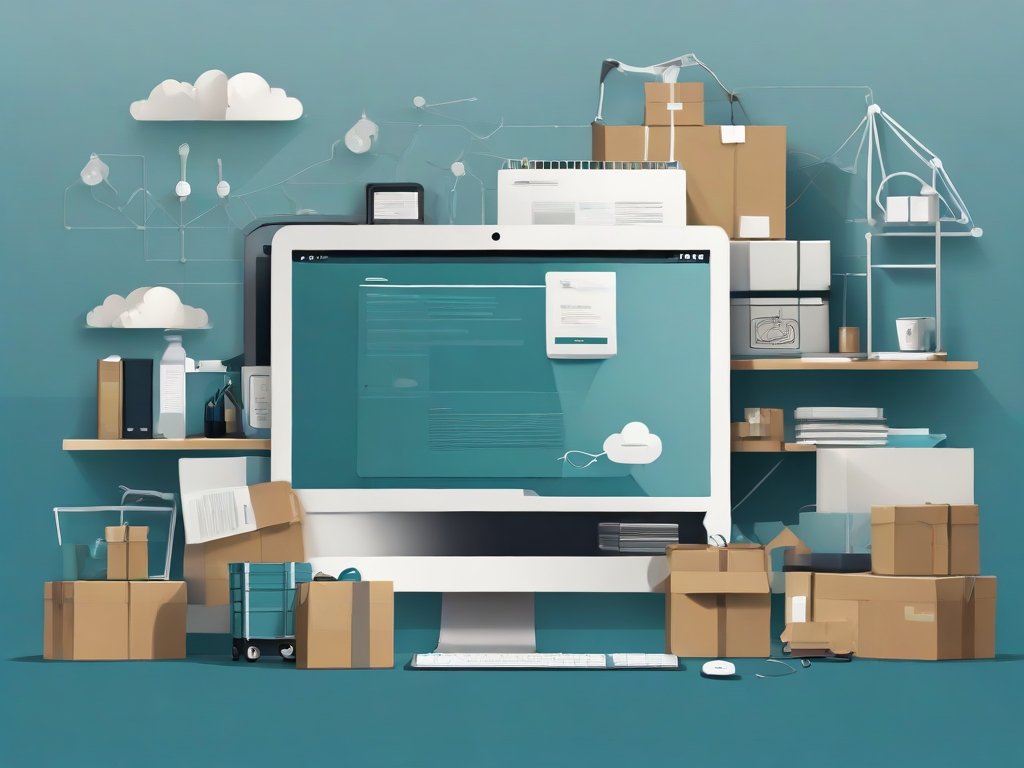 Minimalistisch werkblad met abstracte schermen die dropshipping en btw symboliseren in diepe teal en zachte blauwtinten.