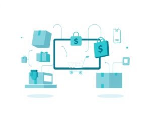 Abstract vectorillustratie van een online dropshipping systeem met digitale pakketten en winkelmand-iconen op een witte achtergrond.