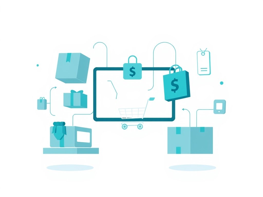 Abstract vectorillustratie van een online dropshipping systeem met digitale pakketten en winkelmand-iconen op een witte achtergrond.