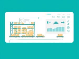 Minimalistische vectorillustratie van een opslagruimte met pakketten en digitale verzendconcepten voor dropshipping vanuit China.