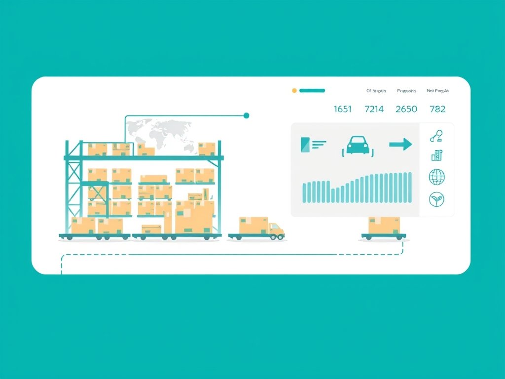 Minimalistische vectorillustratie van een opslagruimte met pakketten en digitale verzendconcepten voor dropshipping vanuit China.