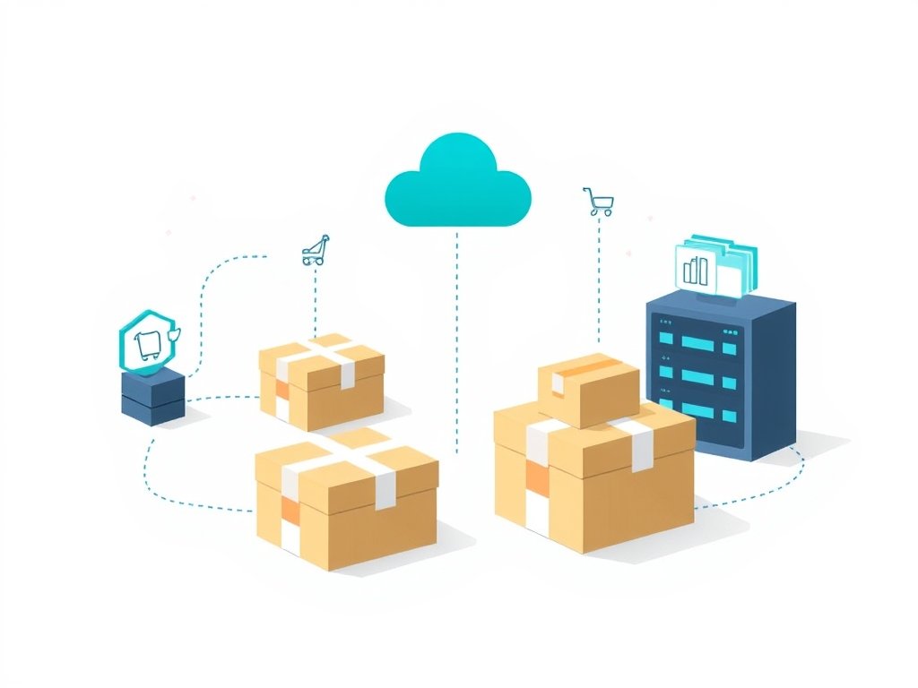 Abstracte flat vector illustratie van een logistiek en ecommerce systeem met pakketten en digitale connecties die high ticket dropshipping illustreren.