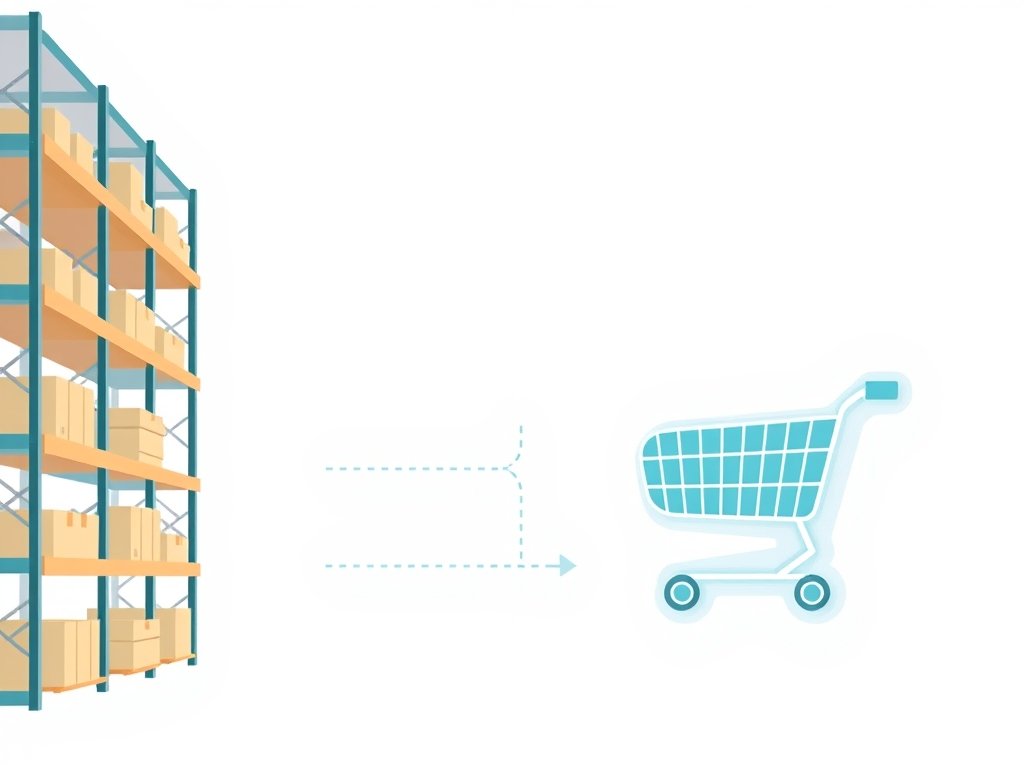 Abstract flat illustration van een dropshipping proces met verpakkingen en een online winkelkar in minimalistische stijl.