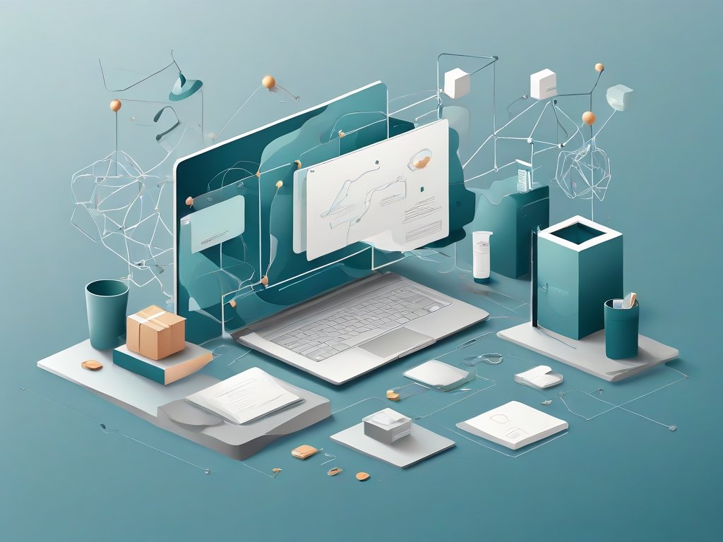 Minimalistische tech illustratie met digitale elementen rond dropshipping en belasting op een witte achtergrond.