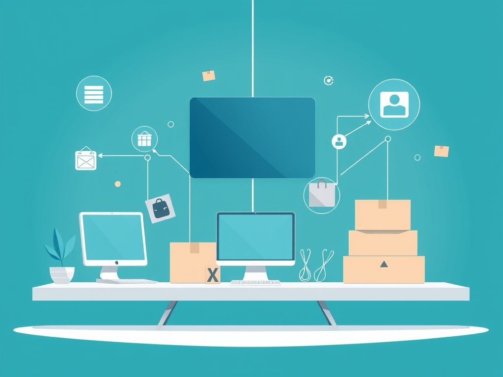 Minimalistische tech illustratie van een abstracte dropshipping leveringsketen met pakketten en verbindingslijnen in diepe teal en zachte bluetinten.