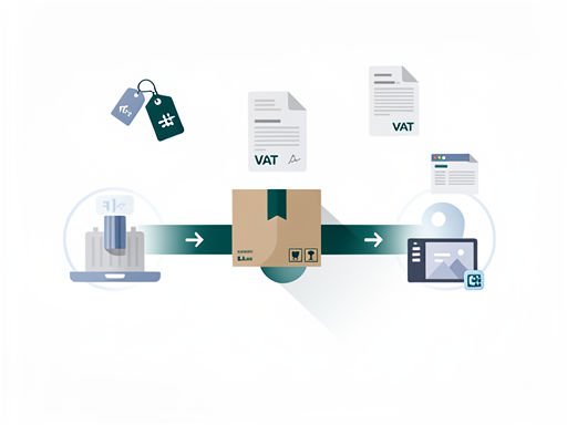 Abstracte vectorillustratie van een digitale supply chain met pakketten en btw-gerelateerde symbolen in diepe teal en grijstinten.