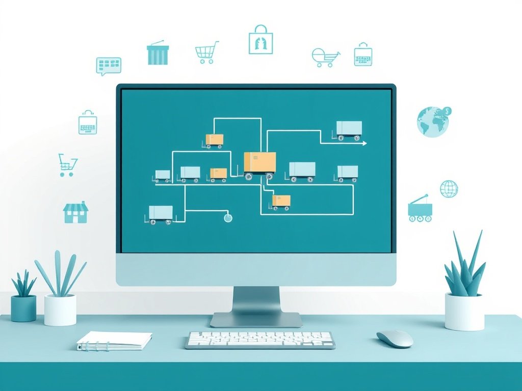 Minimalistische illustratie van een dropshipping systeem met computer, magazijnvakken en bezorgtrucks.