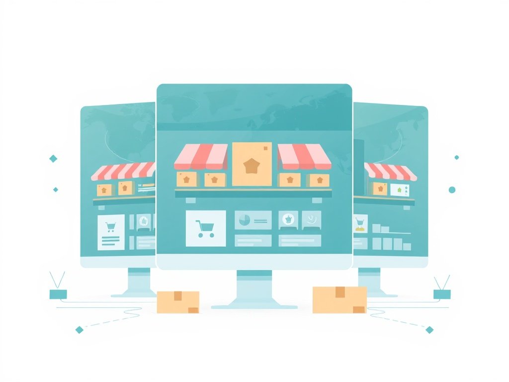 Abstracte tech illustratie van een digitale markt met pakketjes en wereldwijde verbindingen voor dropshipping.