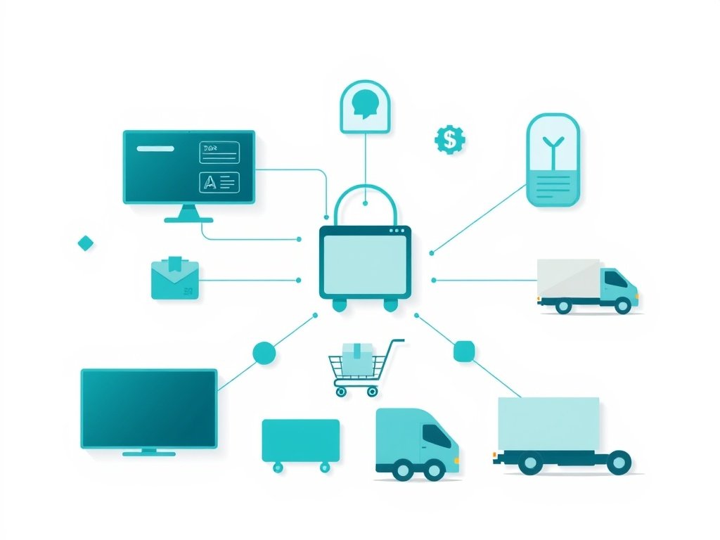 Abstract tech illustration met pakketten, winkelwagentjes en verzendwagen symbolen in een minimalistische stijl.