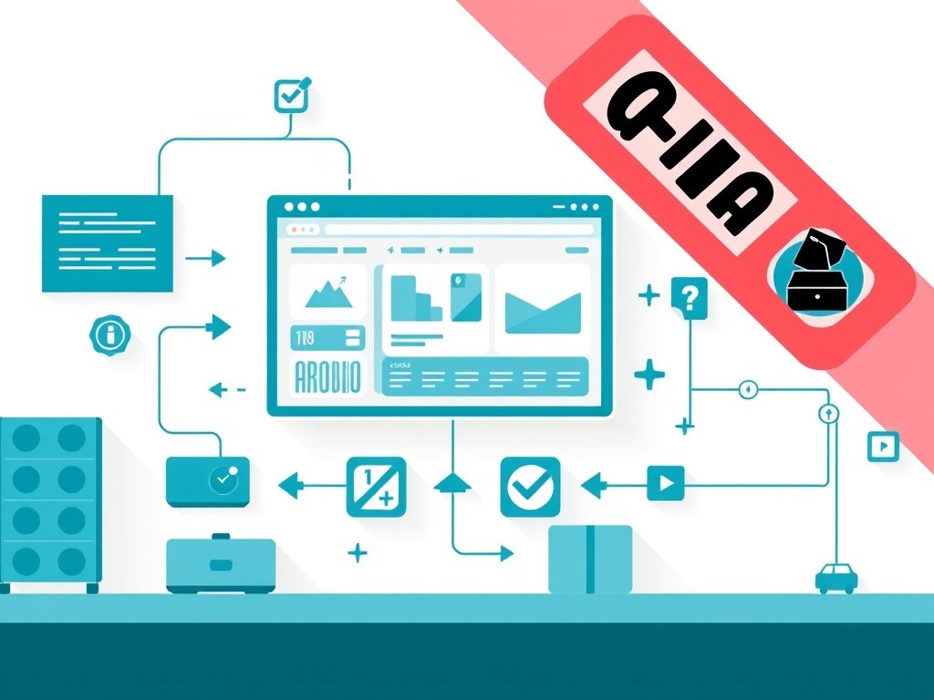 Geabstraheerde digitale werkruimte met panelen en symbolen die de logistieke flow van dropshipping weergeven.