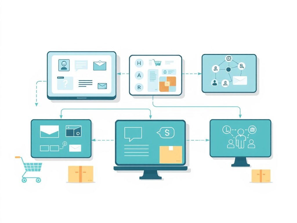 Minimalistische tech illustratie van een digitaal dropshipping proces met pakketten en verbonden schermen in diep teal en grijs.