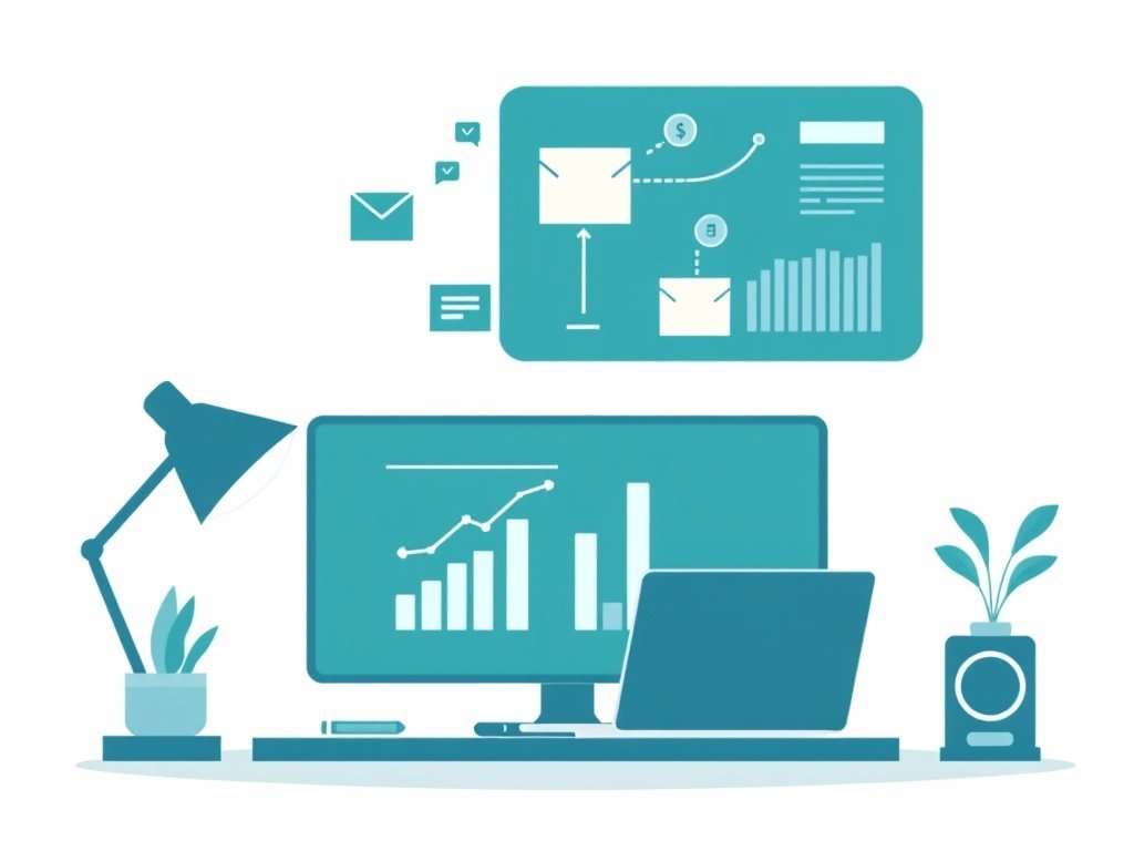 Minimalistisch tech beeld van een thuiswerkplek met digitale e-commerce en verzendiconen in diep teal en blauwtinten.