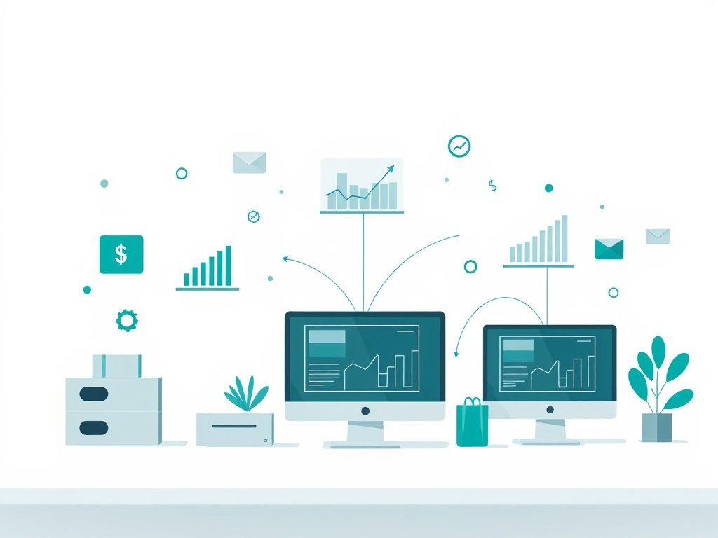 Minimalistische tech-illustratie met symbolische e-commerce elementen en connecties in dropshipping context.