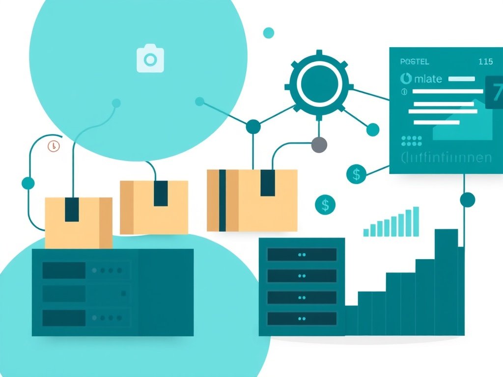 Abstracte vectorillustratie met pakketten, servers en winstgrafieken in dropshipping context.
