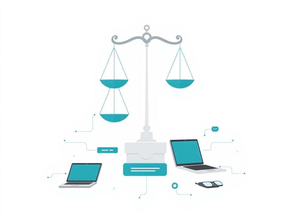 Abstracte vectorillustratie van een weegschaal boven digitale apparaten in een minimalistische e-commerce context.