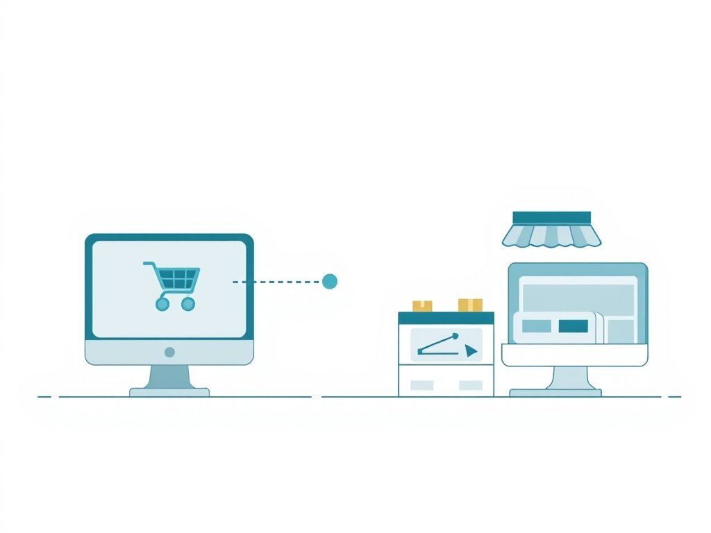 Minimalistische technische illustratie met schematische weergave van dropshipping en e-commerce concepten.