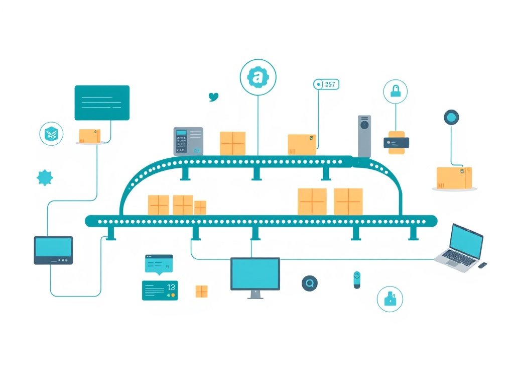Symbolische supply chain met lopende banden, pakketten en digitale apparaten in een rustige flat-design stijl.