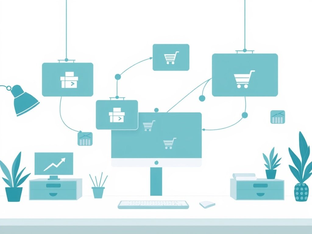 Minimalistisch tech werkruimte met digitale schermen en symbolische webshop elementen.